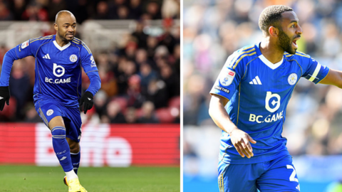 Jordan Ayew and Ricardo Pereira in Leicester City's blue kit in side by side images