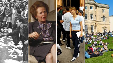 Split image of various eras of university life in the UK: celebrations for the 1944 Education Act (left), 1980 Margaret Thatcher (middle left), student from 2004 (middle right) and students outside in 2025 (right)