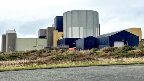 The Wylfa site, taken from a road with part of the tarmac visible as well as hedges and grass.