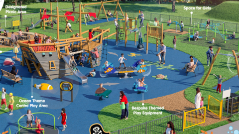 A colourful artist's impression of what the new play area will look like, complete with pirate ship, roundabout, with children and parents in it.