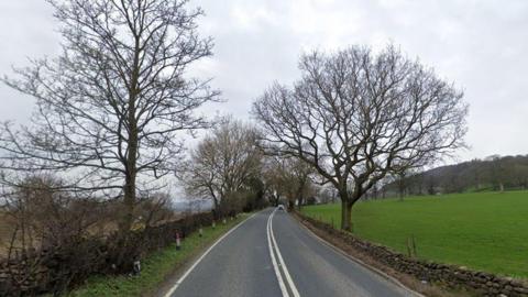 A rural A-road lined with trees, a stone wall and a field.