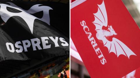 L-R: The flags of Ospreys and Scarlets
