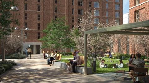 A digitally-created image of a green grassy area outside a large, brown brick housing block. People are sat on the grass and on benches and tables surrounding the grassy area. 