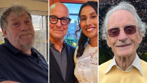 Three side-by-side images; to the left, an older man with a grey beard and a blue polo shirt looks at the camera, in the middle; Stanley Tucci, a bald man with thick glasses and a blue and white striped shirt stands next to a younger woman with long dark hair, a white dress and a bride-to-be sash on. On the right, an older man with white hair, sunglasses and a yellow jumper.