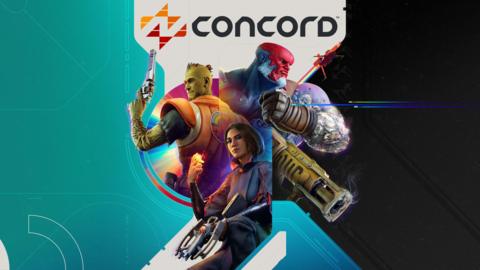 Three characters - a green skinned male, a bald-headed cyborg with a blue and red skull, and a human female - hold guns underneath the "Concord" logo.