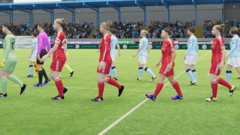 Women's footballers walking in the video game. Players wearing Liverpool kits and Manchester City kits can be seen.