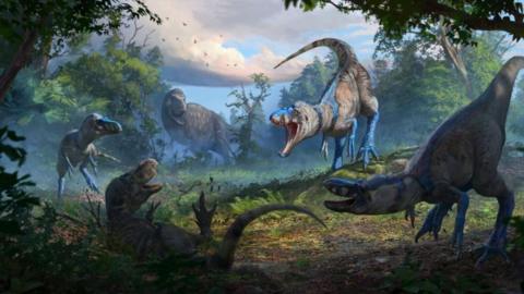 An artist's impression of the new dinosaurs with a young T. rex.
