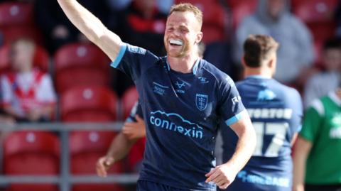 Hull Kingston Rovers' Joe Burgess celebrates scoring a try during their 42-6 win over St Helens