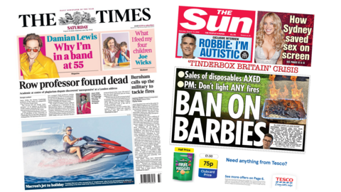 A composite image of the Times and the Sun. "Row professor found dead" reads the headline of the former and "ban on barbies" reads the headline on the latter.