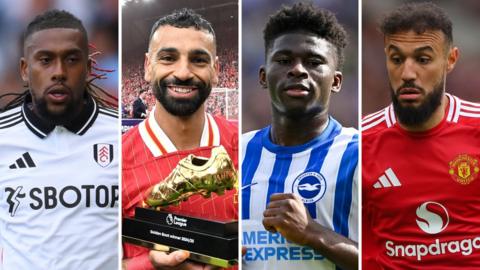 A split image showing Fulham midfielder Alex Iwobi, Liverpool forward Mohamed Salah, Brighton midfielder Carlos Baleba and Manchester United defender Noussair Mazraoui in action for their clubs