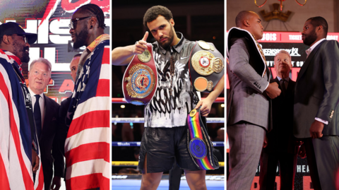 Split image of Derek Chisora facing off with Deontay Wilder, Moses Itauma celebrating in the ring and Fabio Wardley facing off with Daniel Dubois