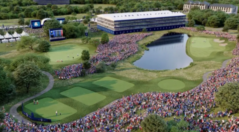 Aerial views of huge crowds watching a golf competition.