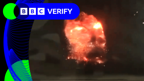 A screengrab from a video showing a large ball of fire at an explosives plant in Chelyabinsk, Russia