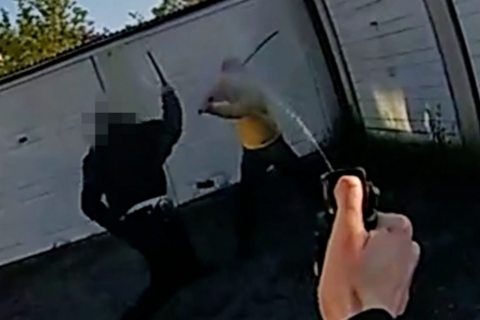 A police officer sprays a substance towards a man wielding a sword near another police officer, whose baton is raised