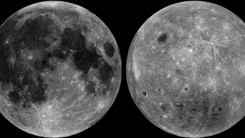 The moon's near side and far side are seen in a black-and-white composite image