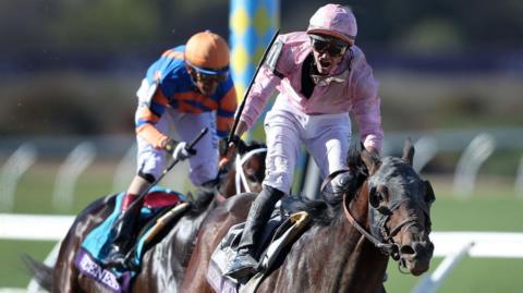 Jockey Flavien Prat celebrates after riding Sierra Leone to victory in the Breeders' Cup Classic