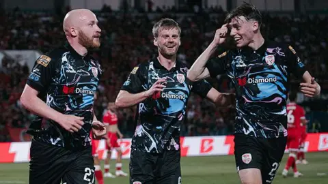 Derry City players celebrate after scoring against CSKA Sofia in the first leg. 