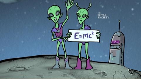 An illustration of two green aliens holding a sign saying E = mc2