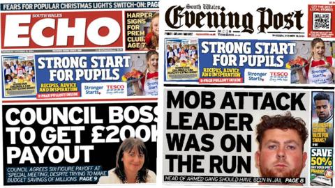 Front pages of the South Wales Echo and South Wales Evening Post