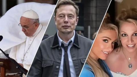 Split image of Pope Francis (left), an AI generated image of Elon Musk (middle) and an image of Paris Hilton and Britney Spears (right).