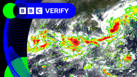 Nasa and NOAA satellite data showing three storms in southern Asia with colours indicating how intense the rainfall is