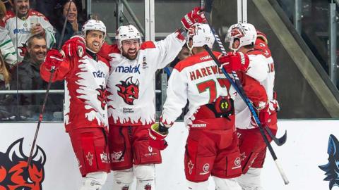 Cardiff Devils celebrate winning the IIHF Continental Cup