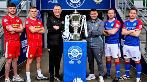 Cliftonville's Sean Stewart, Rory Hale, Jim Magilton with Linfield' s David Healey, Jamie Mulgrew and Kyle McLean