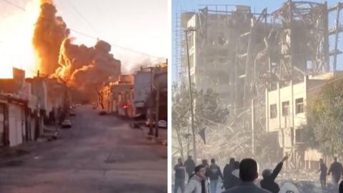 Splitscreen showing an explosion and destruction following strikes