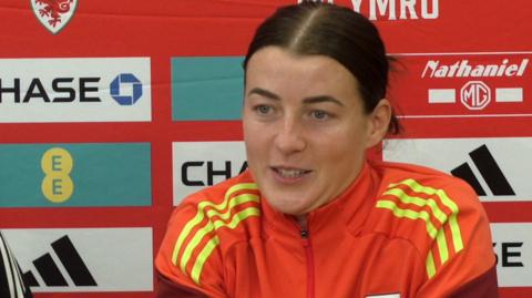 Wales captain Angharad James at a media conference