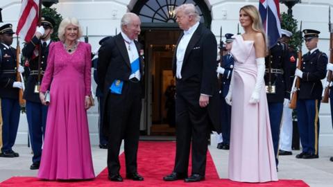 President Donald Trump and First Lady Melania Trump greet King Charles III and Queen Camilla