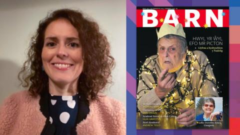 Eiry Miles cyd-gadeirydd bwrdd cylchgrawn Barn ar y chwith a chlawr rhofyn Rhagfyr o'r cylchgrawn Barn. Mae llun o Mr Picton ar y clawr.
