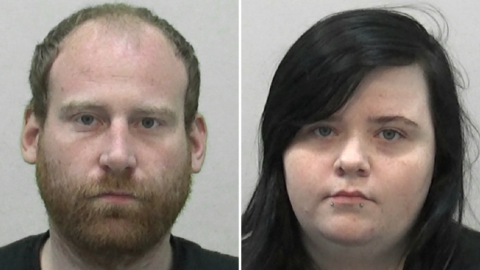 Mugshots of the pair. Lewis has a ginger beard and balding fair hair. Bowey has two piercing studs either end of her bottom lip and long black hair
