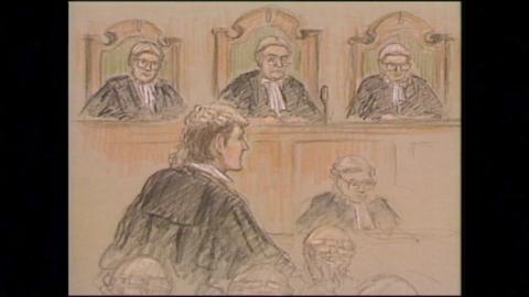 A court sketch of a lawyer and judges.