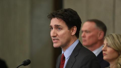 Canada's Prime Minister Justin Trudeau speaks during a press conference while responding to U.S. President Donald Trump's orders to impose 25% tariffs on Canadian imports, in Ottawa, Ontario, Canada, 1 February 2025.