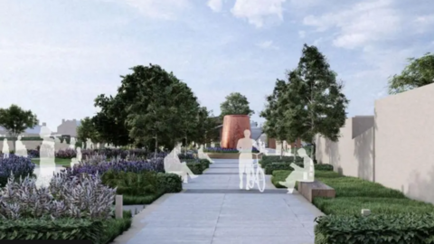 An artist's impression of a manicured landscape with a whitewashed path leading up to a cylindrical sculpture. On either side of the path are flowerbeds and bushes