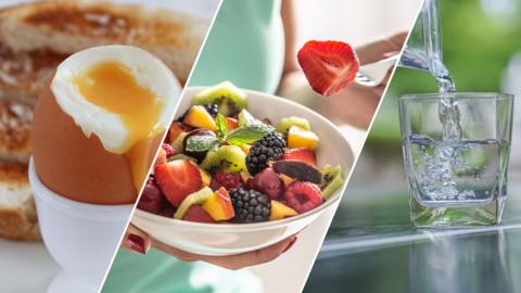 Split image of a boiled egg (left), a bowl of fruit salad (middle) and water being poured into a glass (right)