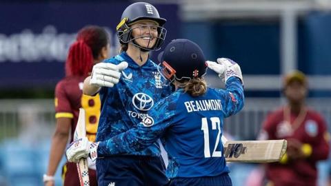 Amy Jones and Tammy Beaumont celebrating centuries against West Indies