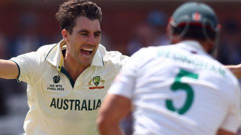Pat Cummins celebrates taking wicket