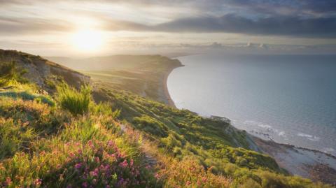 View east from Golden Cap at sunrise, Jurassic Coast World Heritage site in Dorset.