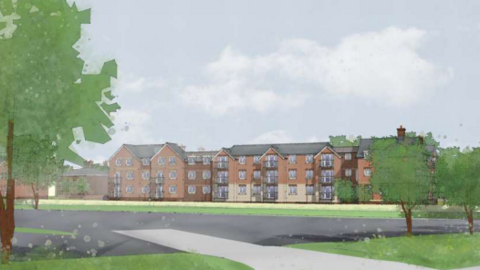An artist's impression of flats and an area in front of the apartments.