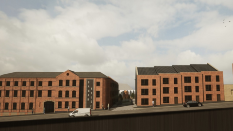 Artist's impression showing two large brick mill buildings with lots of windows