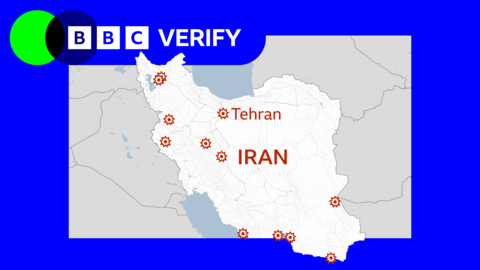 Map of Iran showing locations of US and Israeli air strikes