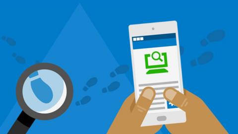 Cartoon image of hands on a phone and a magnifying glass in the corner