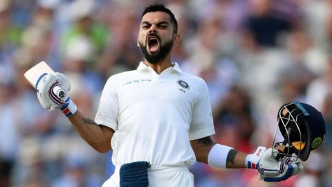  India batsman Virat Kohli celebrates his century during day two of the First Specsavers Test Match between England and India at Edgbaston on August 2, 2018 in Birmingham, England