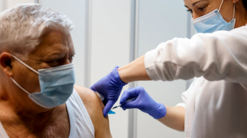 A man is vaccinated by a healthcare worker. Both wear face masks