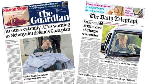 A composite image of the front pages of the Daily Telegraph and the Guardian on 11 August 2025