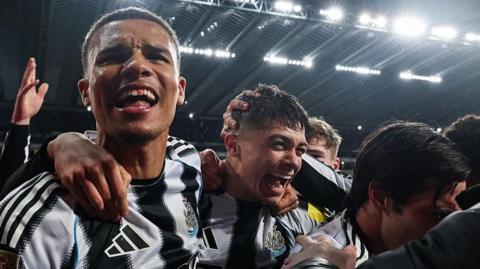 A smiling Lewis Miley celebrates his late winner with Newcastle team-mates