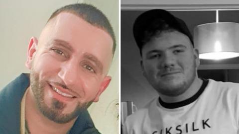 Imran Hafiz is on the left and has short brown hair and beard. He is smiling at the camera and wearing a navy coat. Jordan Moore is on the right and is wearing a black hat and white T-shirt which has black coloured writing on it. 