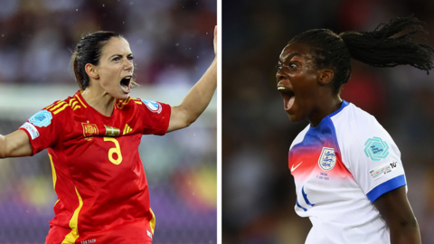 Spain's Aitana Bonmati celebrating a goal next to a picture of England's Michelle Agyemang celebrating a goal