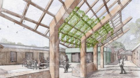 An illustration of a courtyard with a wooden canopy, and people wandering around and sitting at wooden benches. There is green foliage hanging down from the canopy.